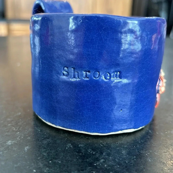 Mushrooms Handmade Pottery Mug Glazed Red Blue Coffee Tea Cup - Picture 3 of 6